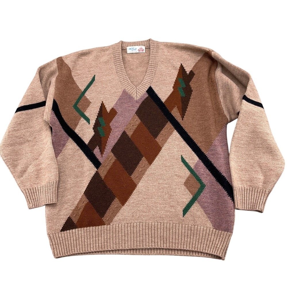 Monte Carlo Sweater Men Large Brown Purple Rust Diamond Pure Wool Argyle‎ VTG